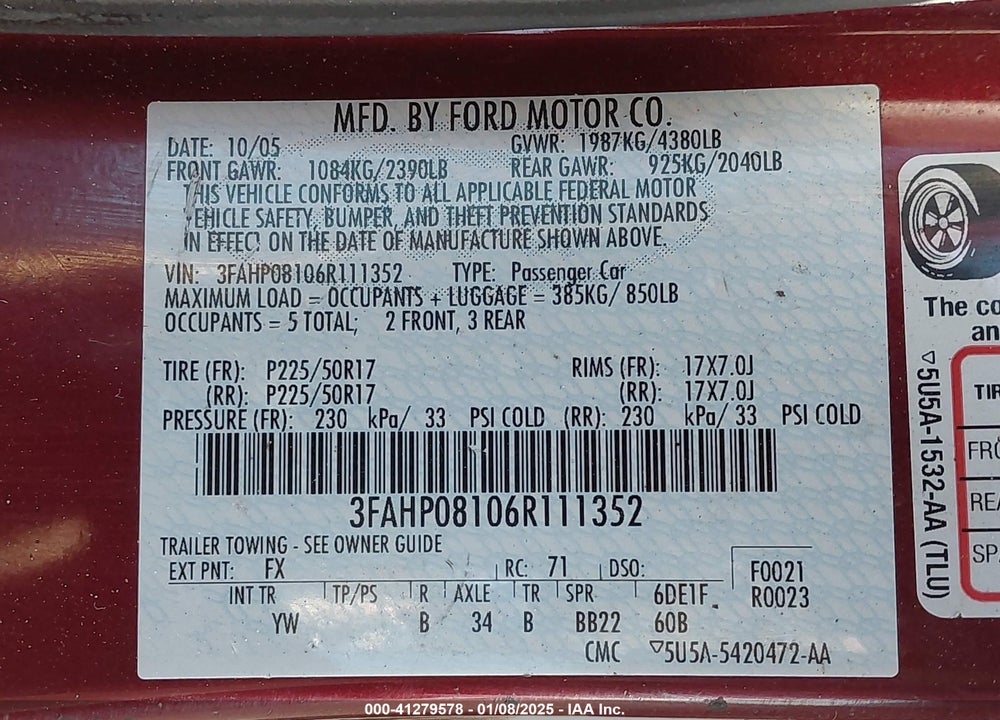 2006 FORD FUSION VIN: 3FAHP08106R111352