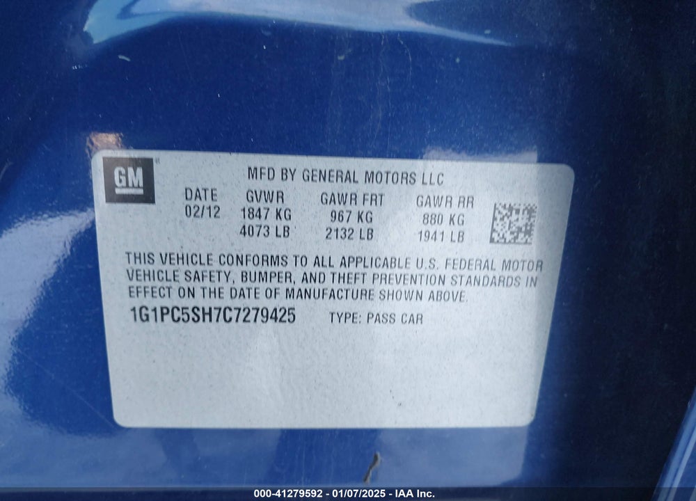 2012 CHEVROLET CRUZE LS VIN: 1G1PC5SH7C7279425