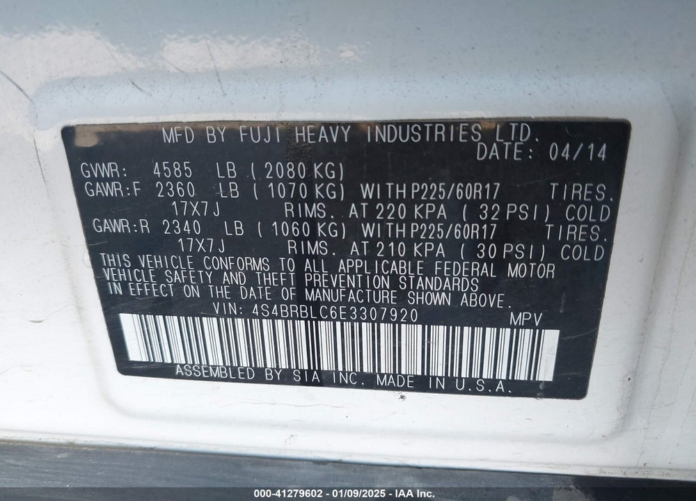 2014 SUBARU OUTBACK 2.5I LIMITED VIN: 4S4BRBLC6E3307920