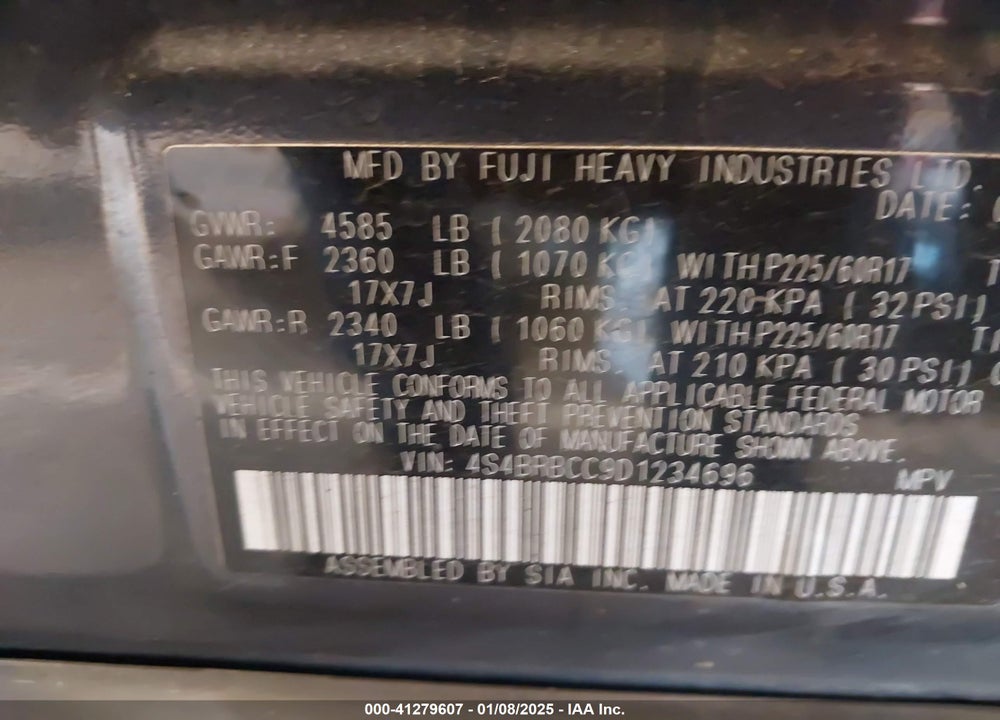 2013 SUBARU OUTBACK 2.5I PREMIUM VIN: 4S4BRBCC9D1234696
