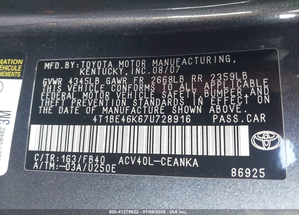 2007 TOYOTA CAMRY LE VIN: 4T1BE46K67U728916