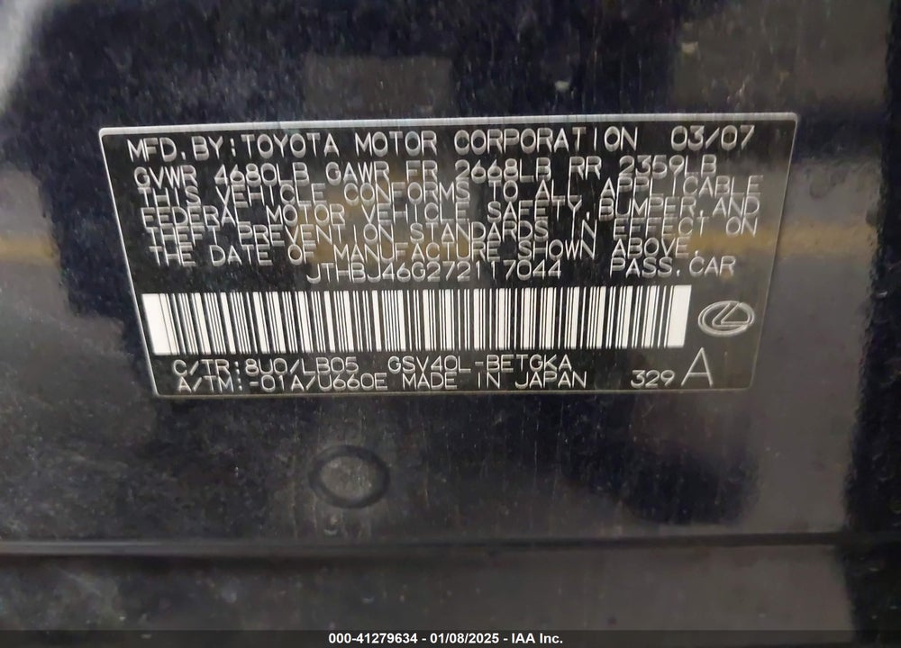 2007 LEXUS ES 350 VIN: JTHBJ46G272117044