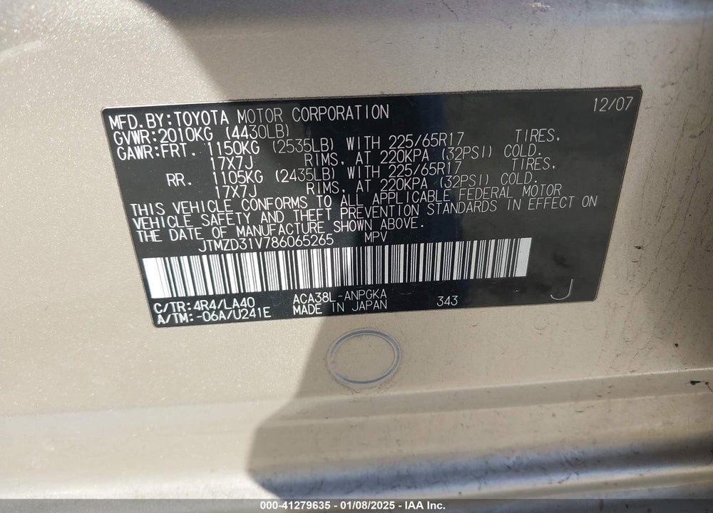 2008 TOYOTA RAV4 LIMITED VIN: JTMZD31V786065265