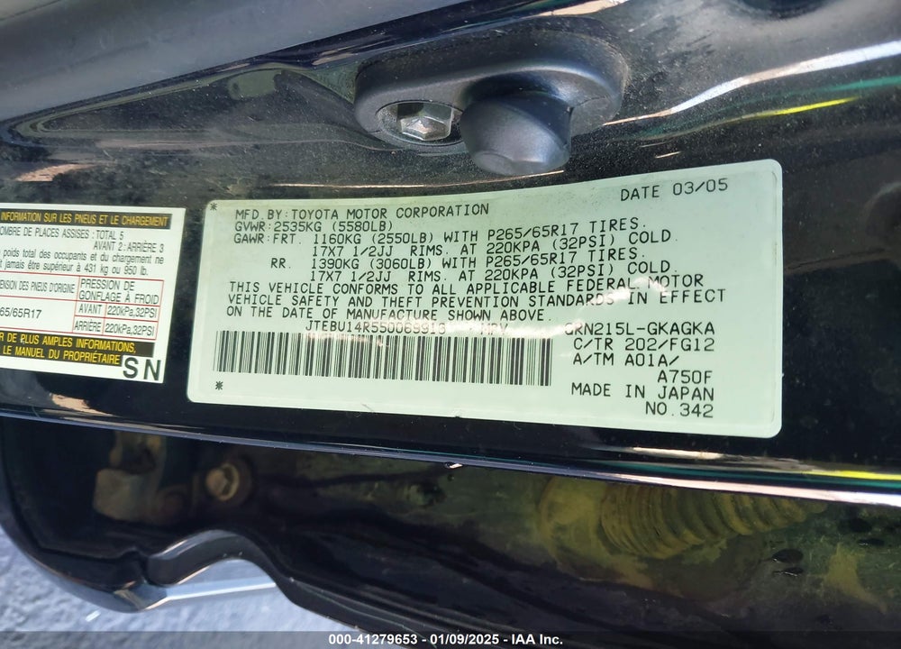 2005 TOYOTA 4RUNNER SR5 V6 VIN: JTEBU14R550069913