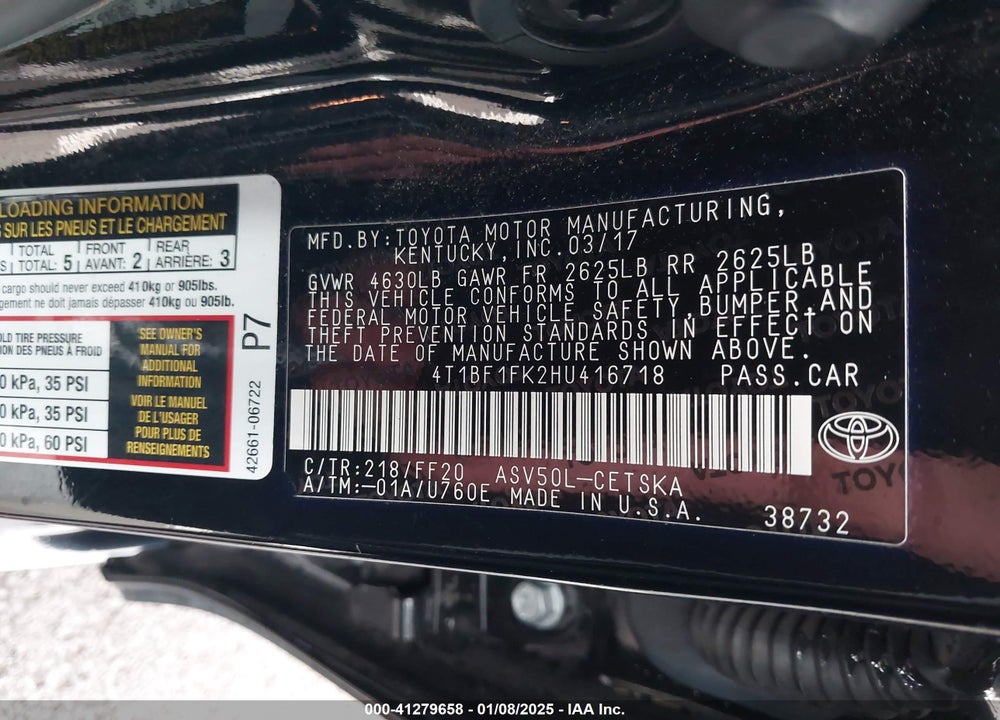 2017 TOYOTA CAMRY VIN: 4T1BF1FK2HU416718