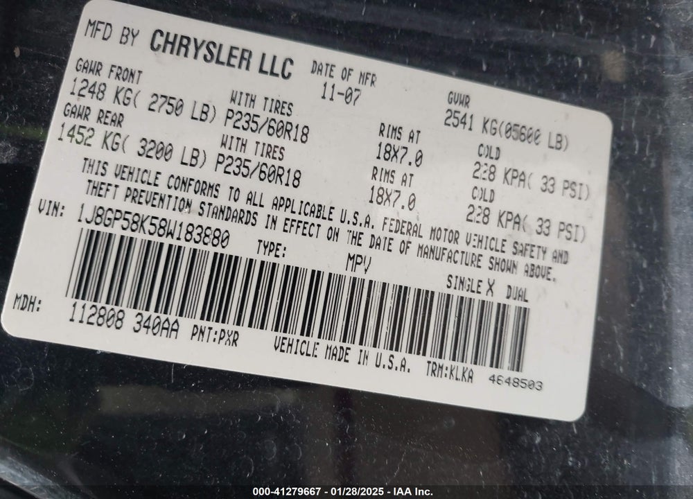 2008 JEEP LIBERTY LIMITED EDITION VIN: 1J8GP58K58W183880