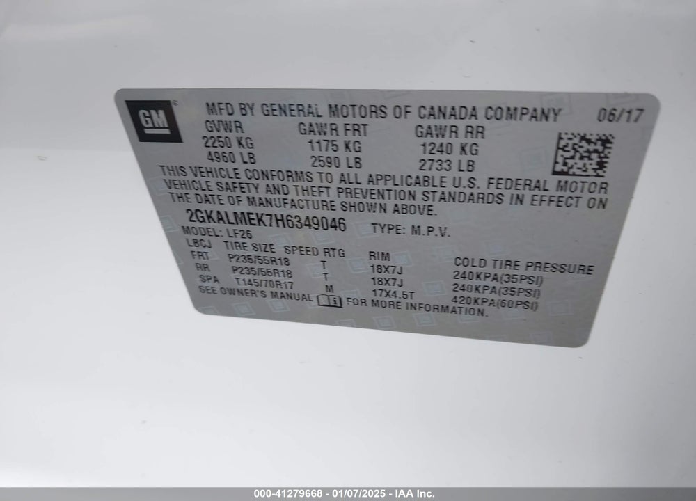 2017 GMC TERRAIN VIN: 2GKALMEK7H6349046