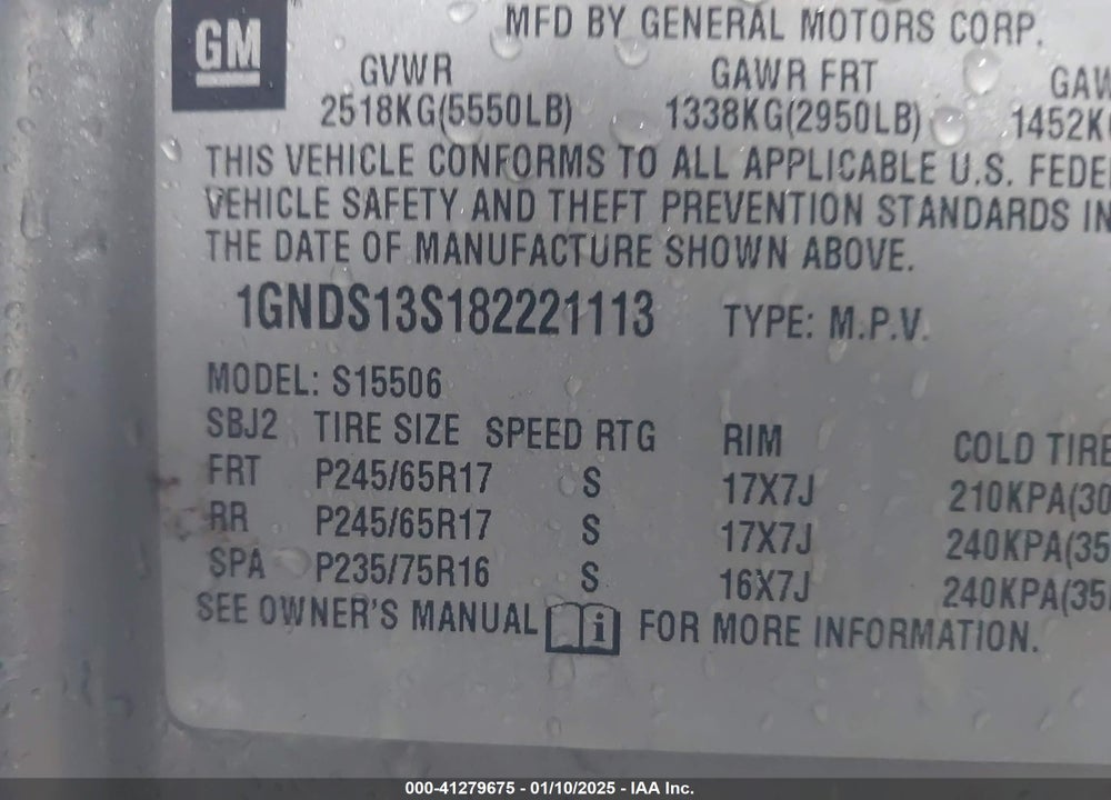 2008 CHEVROLET TRAILBLAZER LT VIN: 1GNDS13S182221113
