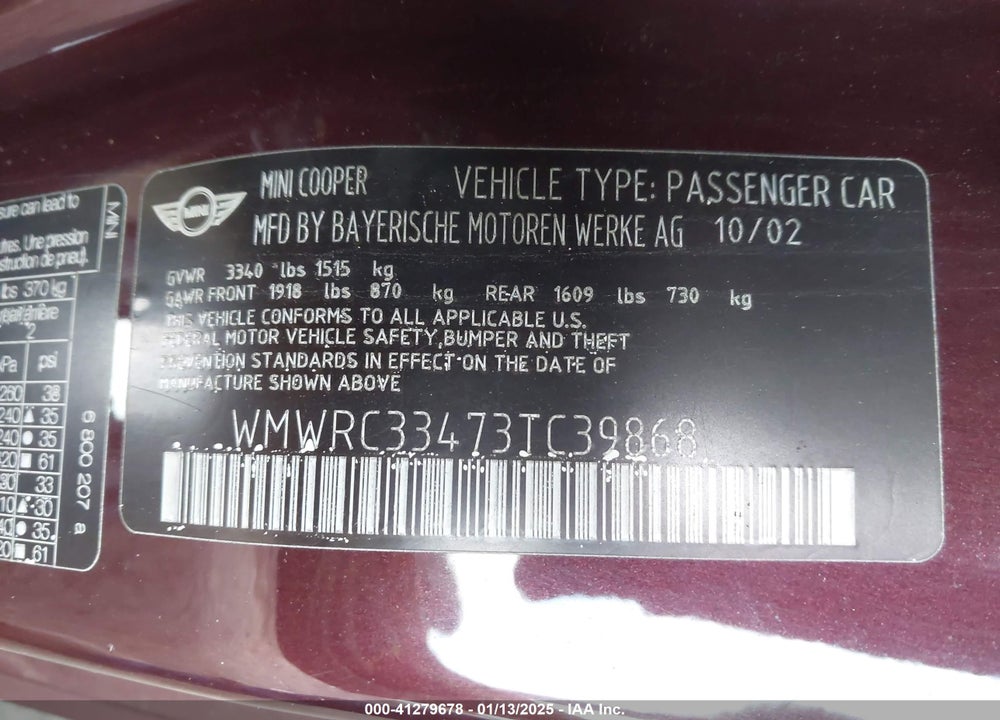 2003 MINI COOPER VIN: WMWRC33473TC39868