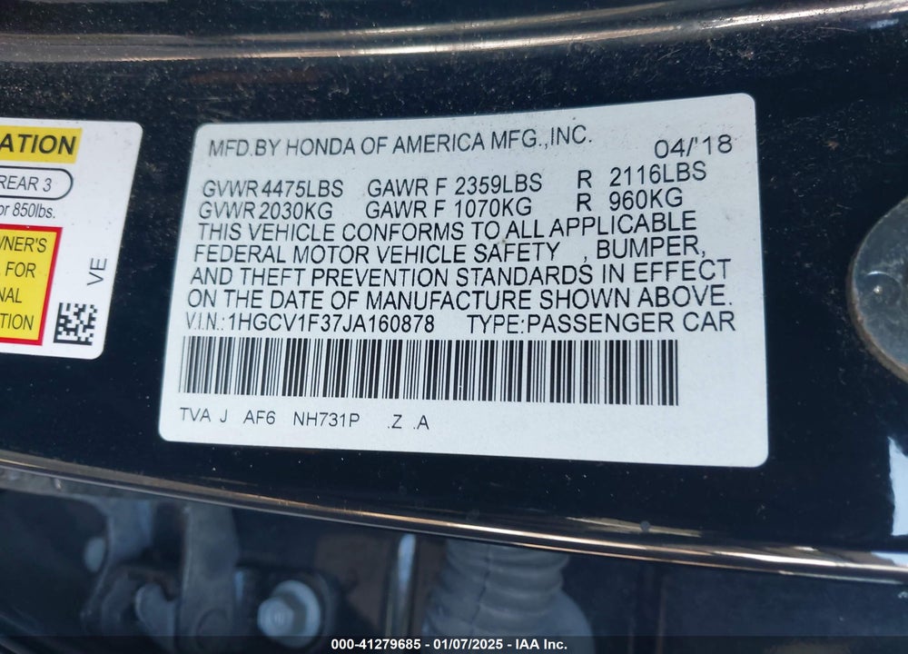 2018 HONDA ACCORD VIN: 1HGCV1F37JA160878
