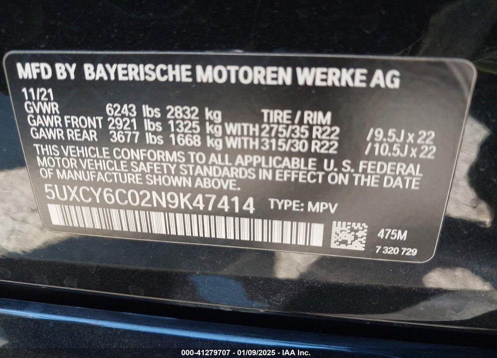 2022 BMW X6 XDRIVE40I VIN: 5UXCY6C02N9K47414