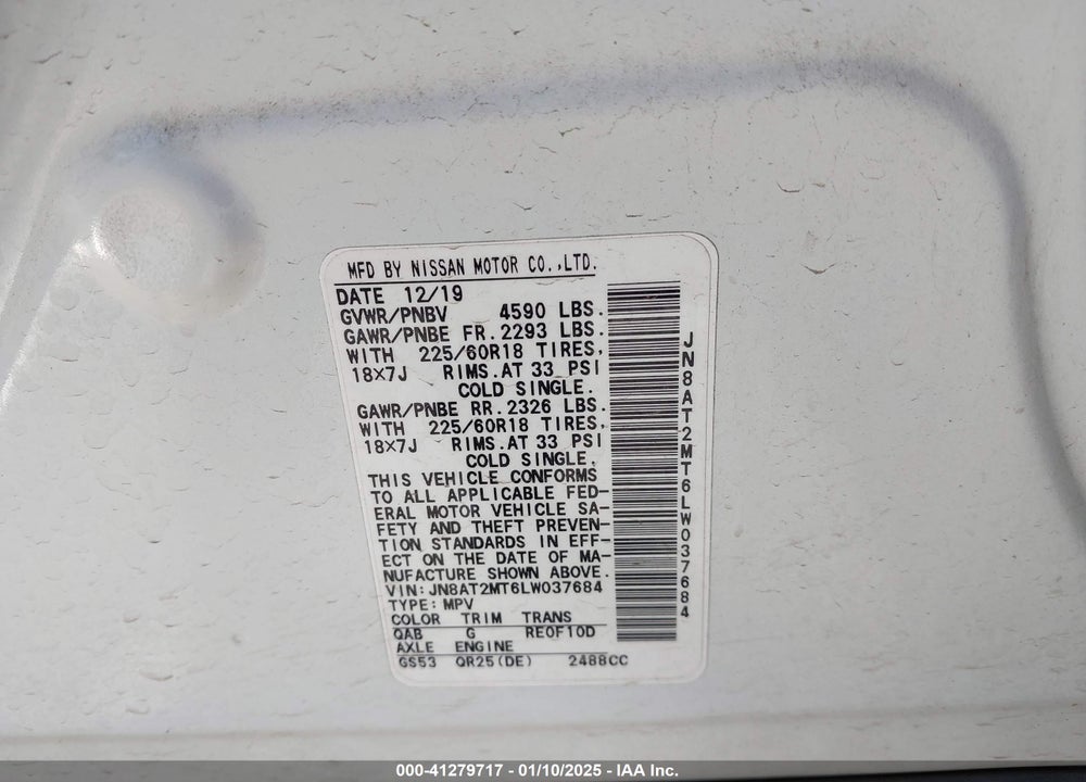 2020 NISSAN ROGUE SV FWD VIN: JN8AT2MT6LW037684