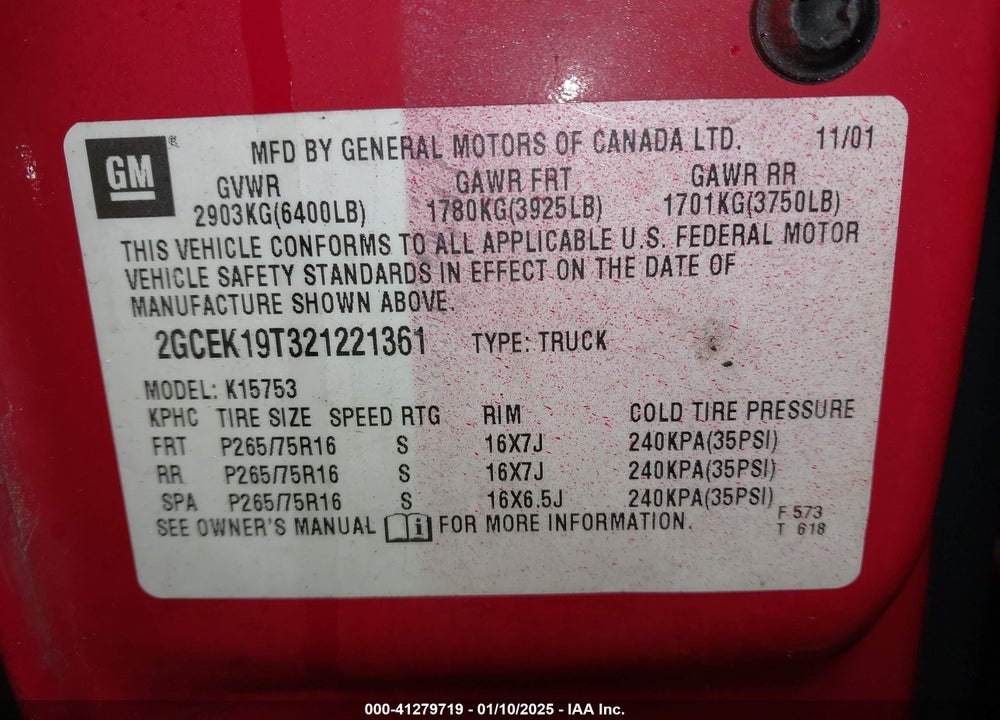 2002 CHEVROLET SILVERADO 1500 LS VIN: 2GCEK19T321221361