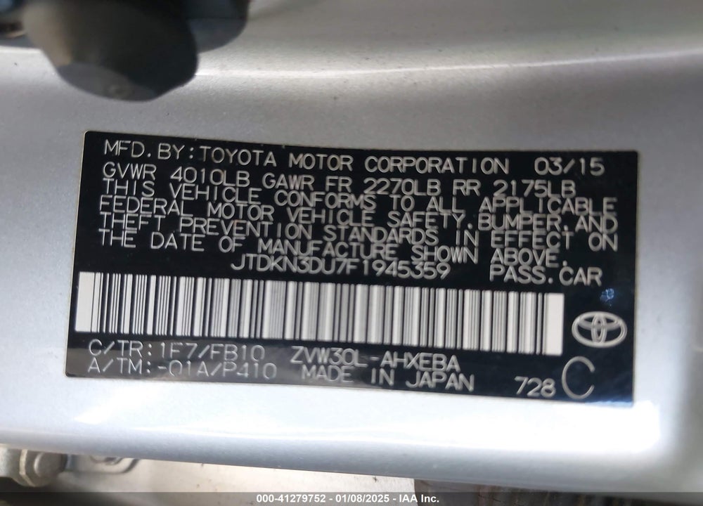 2015 TOYOTA PRIUS VIN: JTDKN3DU7F1945359