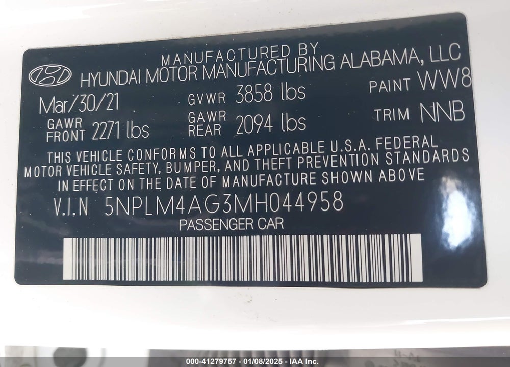 2021 HYUNDAI ELANTRA SEL VIN: 5NPLM4AG3MH044958
