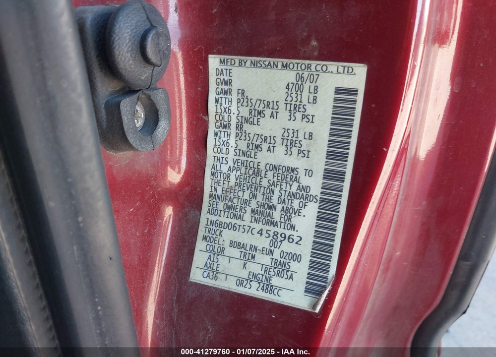 2007 NISSAN FRONTIER XE VIN: 1N6BD06T57C458962