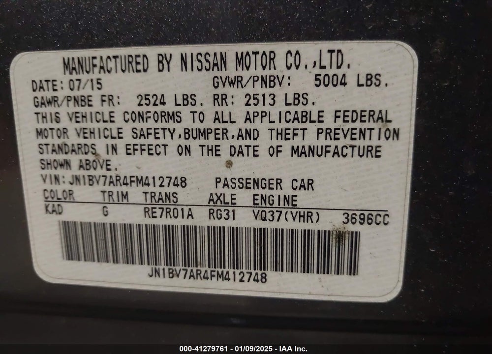 2015 INFINITI Q50 VIN: JN1BV7AR4FM412748