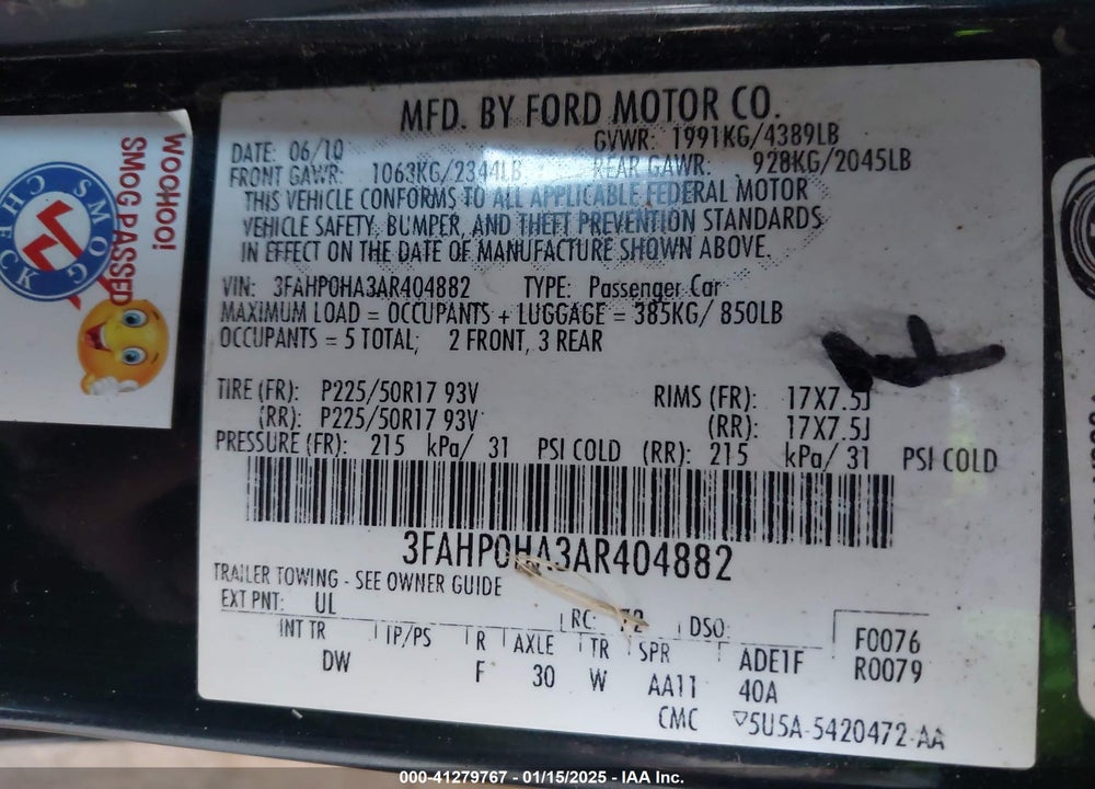 2010 FORD FUSION SE VIN: 3FAHP0HA3AR404882