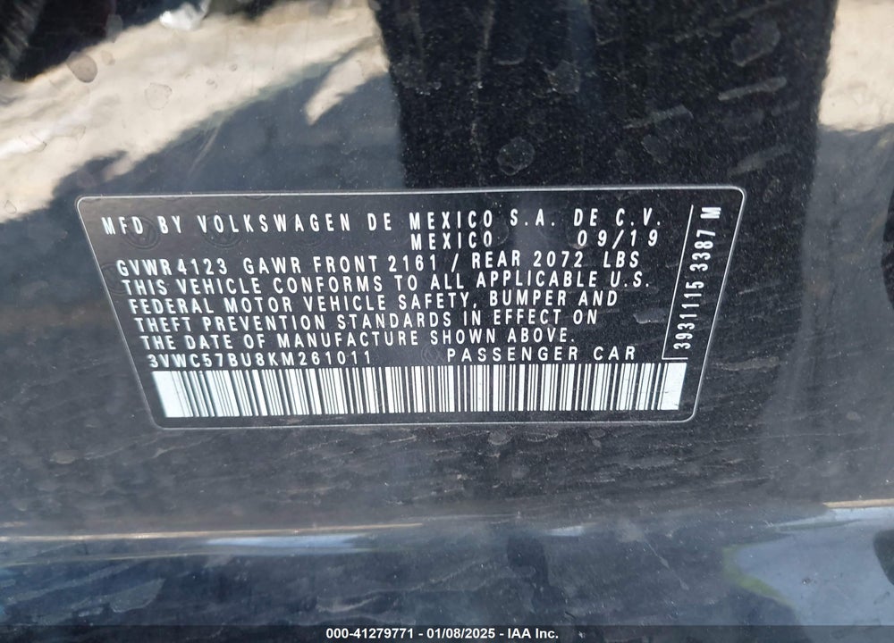 2019 VOLKSWAGEN JETTA VIN: 3VWC57BU8KM261011