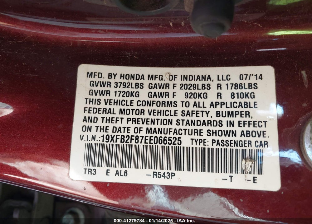 2014 HONDA CIVIC VIN: 19XFB2F87EE066525