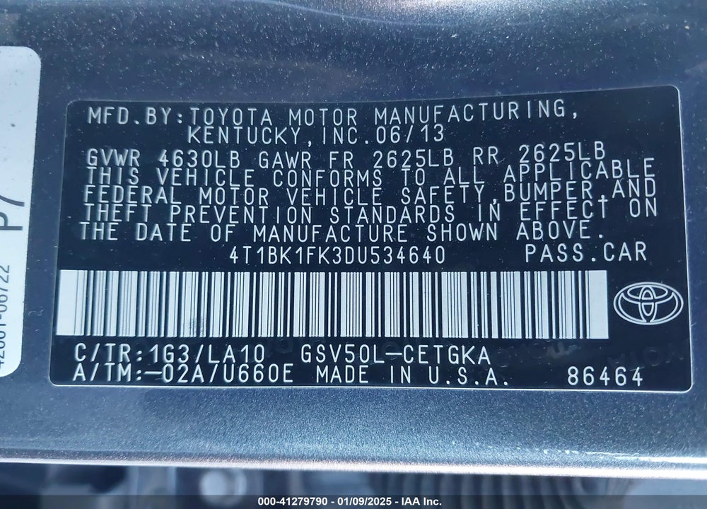 2013 TOYOTA CAMRY VIN: 4T1BK1FK3DU534640