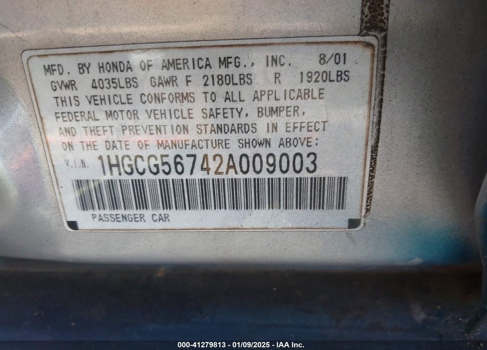 2002 HONDA ACCORD 2.3 SE VIN: 1HGCG56742A009003