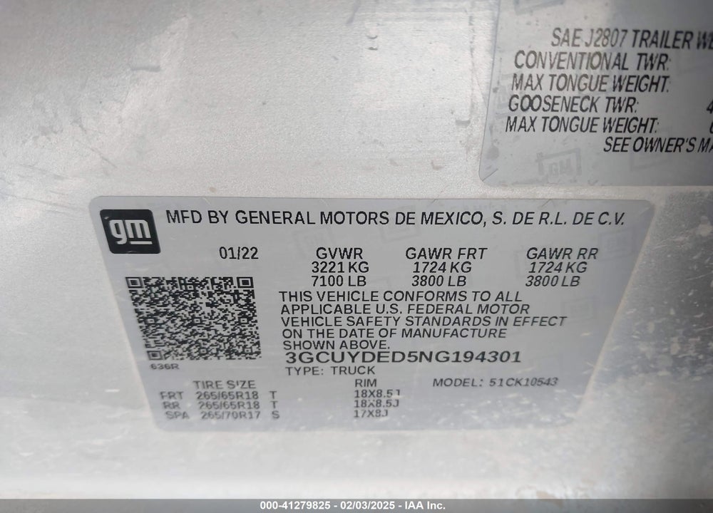 2022 CHEVROLET SILVERADO 1500 LTD VIN: 3GCUYDED5NG194301