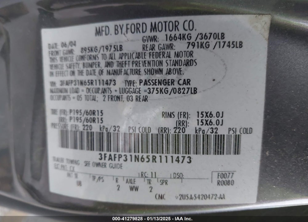 2005 FORD FOCUS ZX3 VIN: 3FAFP31N65R111473