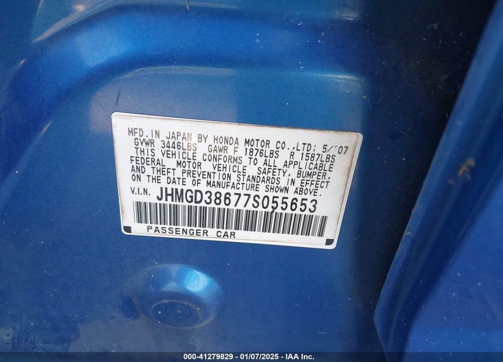 2007 HONDA FIT SPORT VIN: JHMGD38677S055653