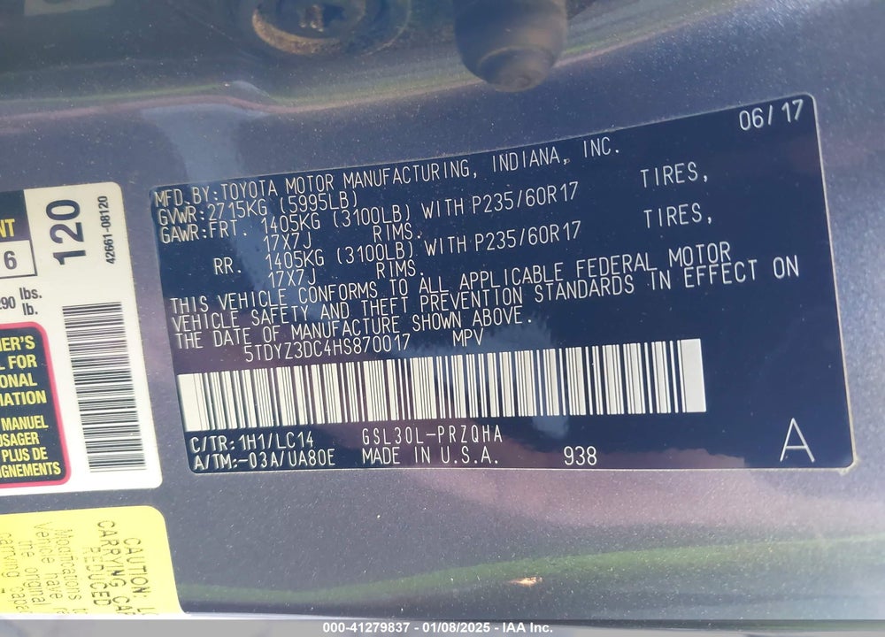 2017 TOYOTA SIENNA XLE 8 PASSENGER VIN: 5TDYZ3DC4HS870017