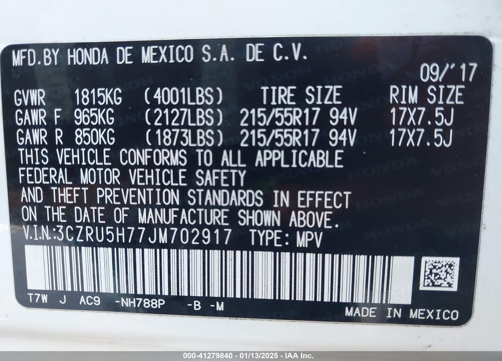 2018 HONDA HR-V EX-L VIN: 3CZRU5H77JM702917