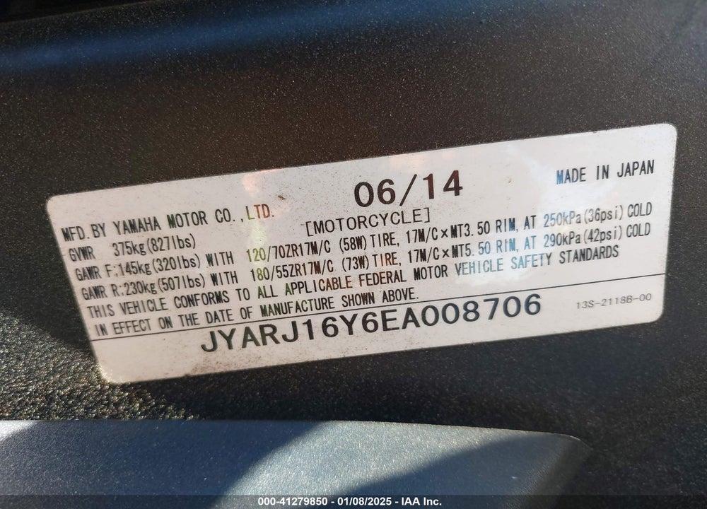 2014 YAMAHA YZFR6 C VIN: JYARJ16Y6EA008706