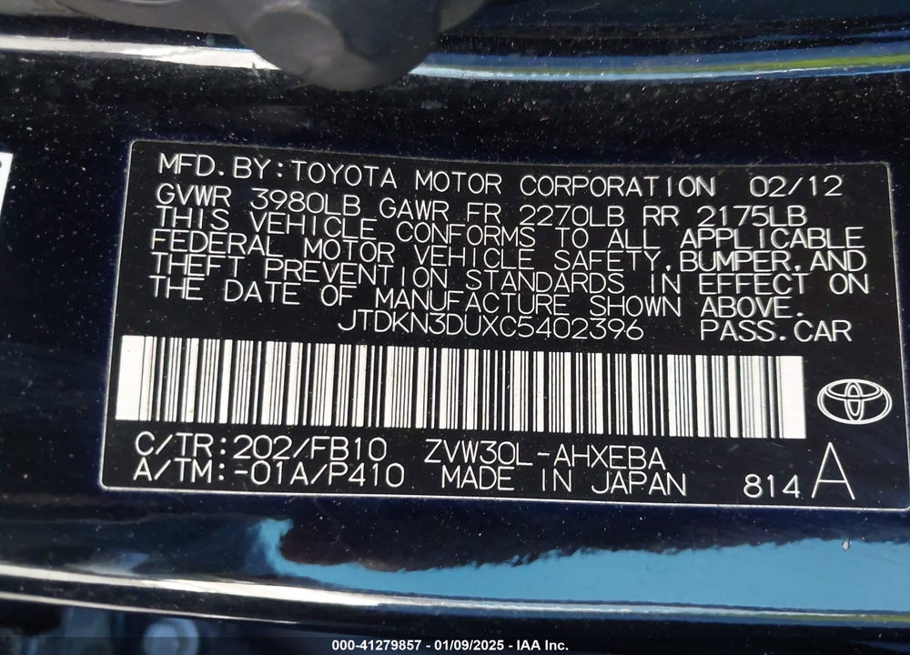 2012 TOYOTA PRIUS TWO VIN: JTDKN3DUXC5402396