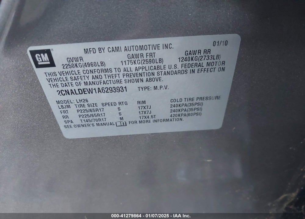 2010 CHEVROLET EQUINOX LT VIN: 2CNALDEW1A6293931