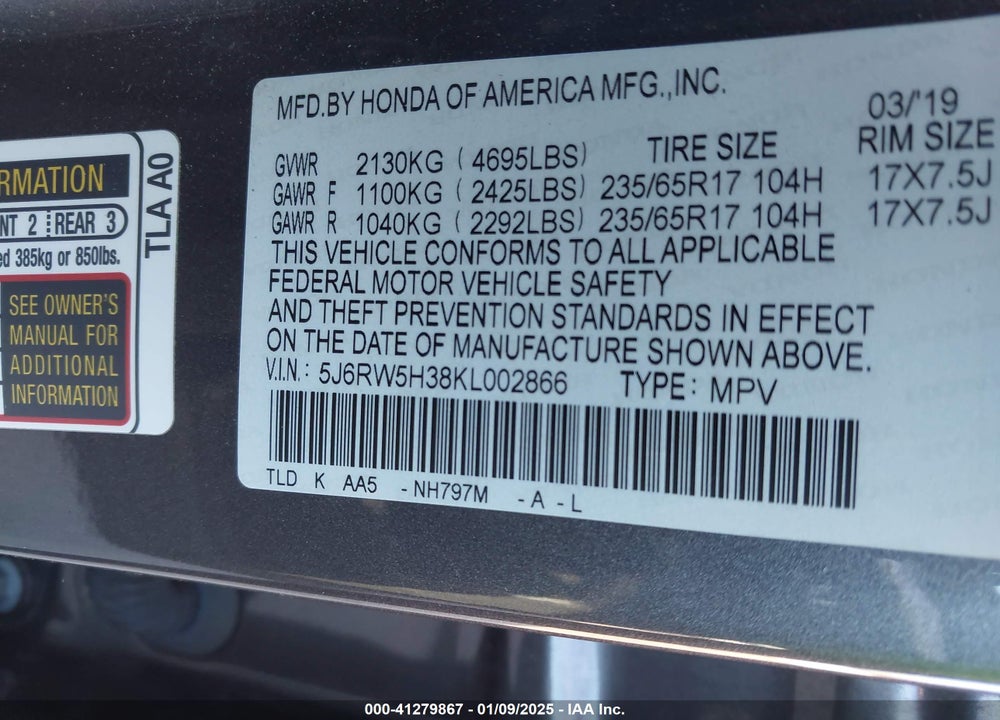 2019 HONDA CR-V LX VIN: 5J6RW5H38KL002866