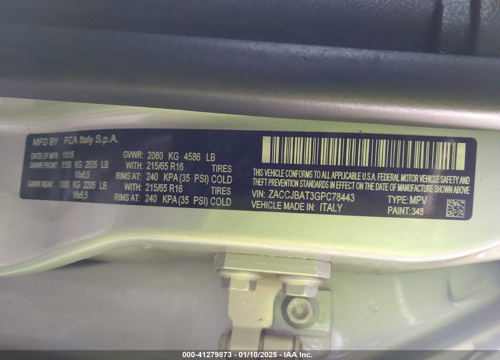 2016 JEEP RENEGADE SPORT VIN: ZACCJBAT3GPC78443