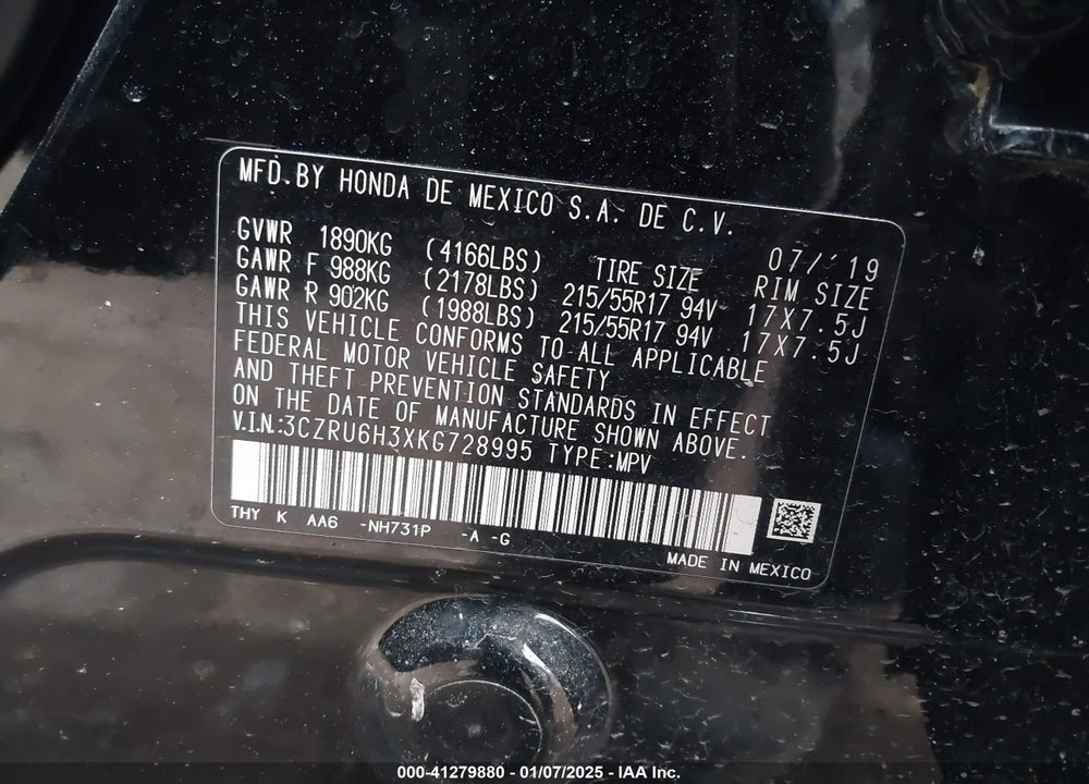 2019 HONDA HR-V LX VIN: 3CZRU6H3XKG728995