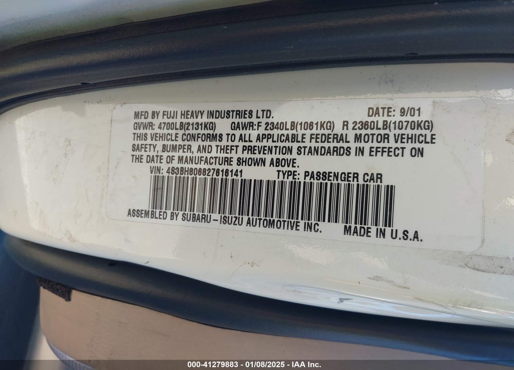 2002 SUBARU OUTBACK H6-3.0 L.L. BEAN EDITION VIN: 4S3BH806827616141