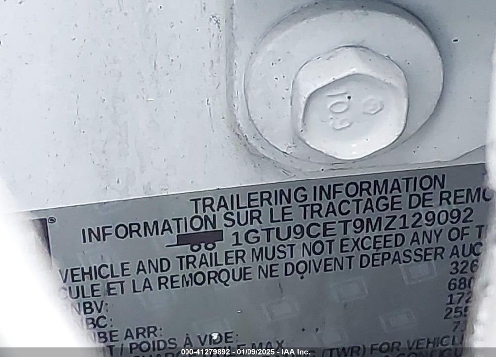 2021 GMC SIERRA 1500 VIN: 1GTU9CET9MZ129092