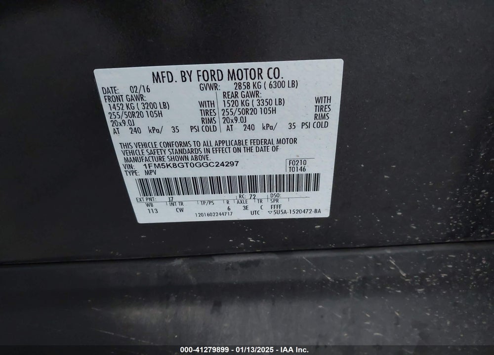 2016 FORD EXPLORER SPORT VIN: 1FM5K8GT0GGC24297