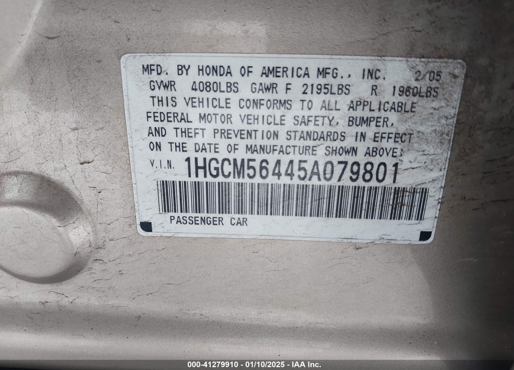 2005 HONDA ACCORD 2.4 LX VIN: 1HGCM56445A079801