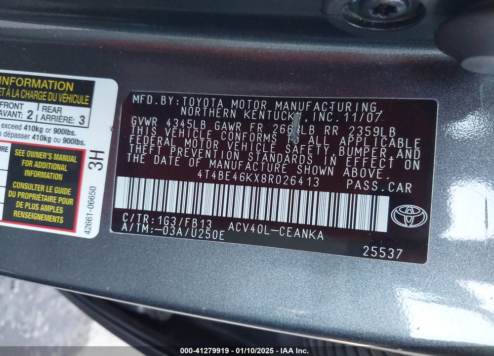 2008 TOYOTA CAMRY VIN: 4T4BE46KX8R026413
