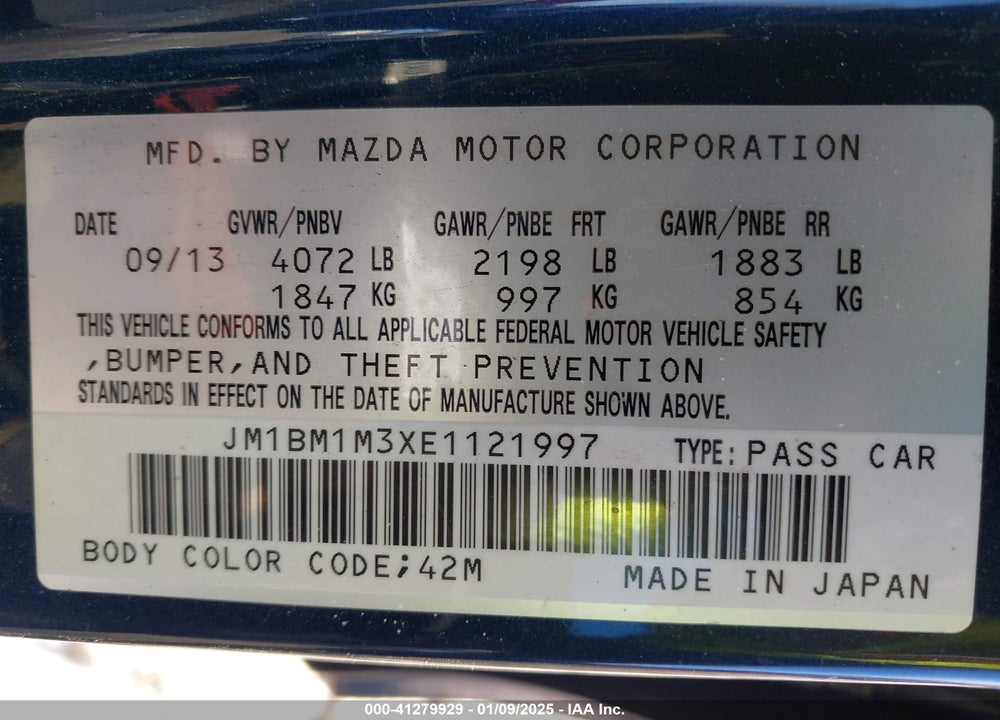 2014 MAZDA 3 VIN: JM1BM1M3XE1121997