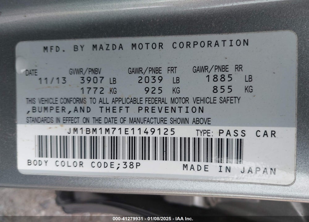 2014 MAZDA MAZDA3 VIN: JM1BM1M71E1149125