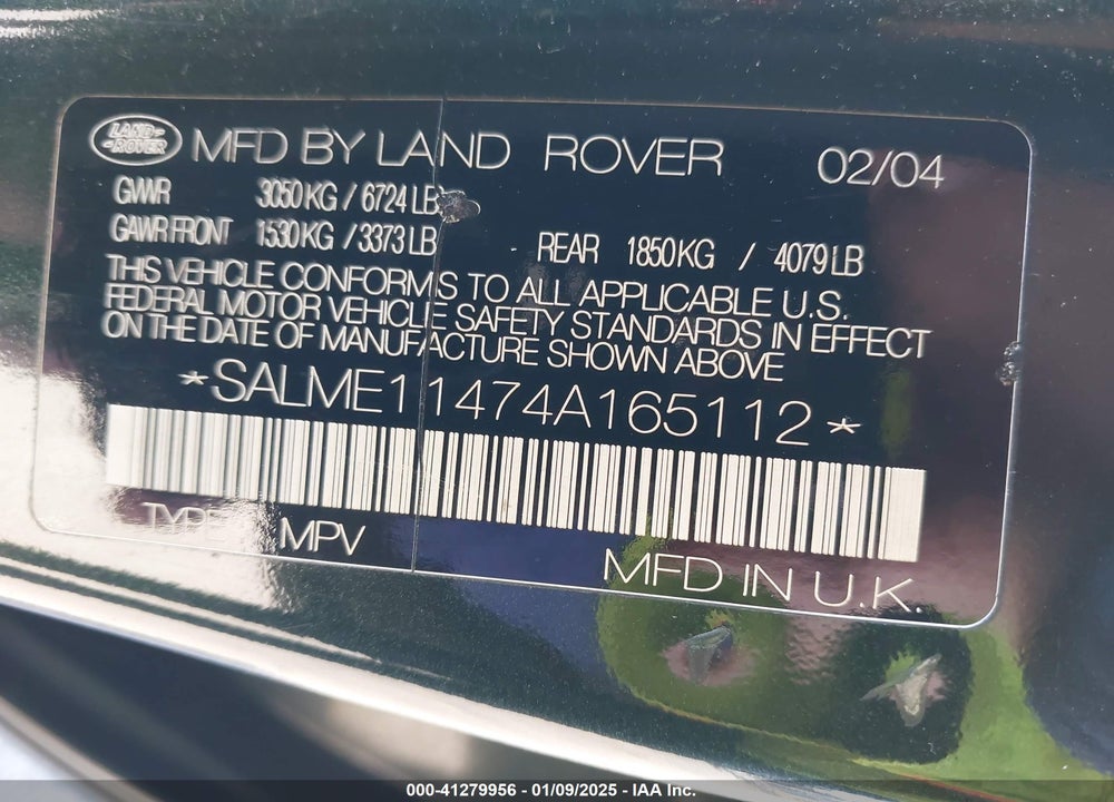 2004 LAND ROVER RANGE ROVER HSE VIN: SALME11474A165112