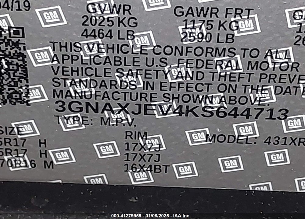 2019 CHEVROLET EQUINOX LT VIN: 3GNAXJEV4KS644713