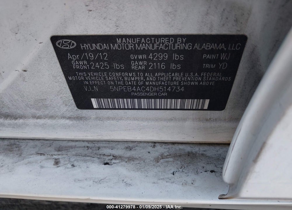 2013 HYUNDAI SONATA GLS VIN: 5NPEB4AC4DH514734