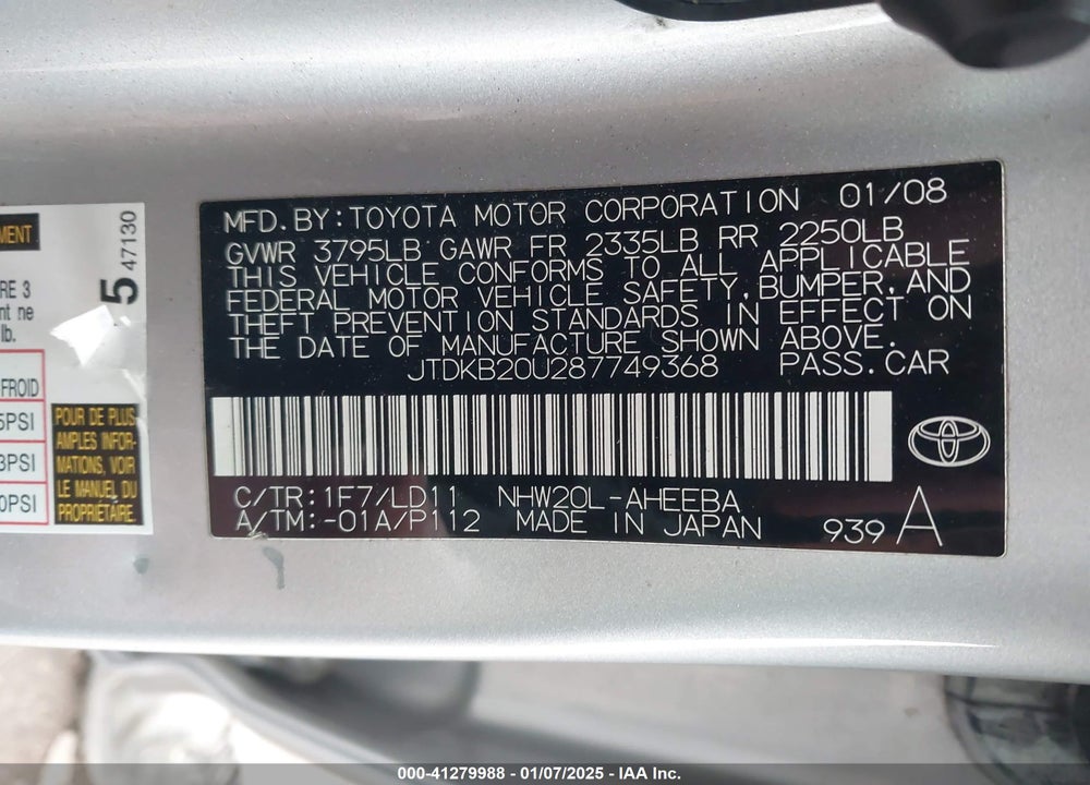2008 TOYOTA PRIUS VIN: JTDKB20U287749368