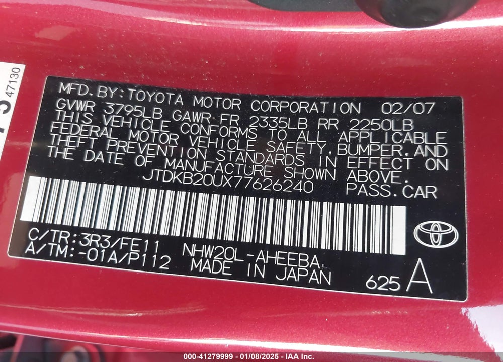 2007 TOYOTA PRIUS VIN: JTDKB20UX77626240