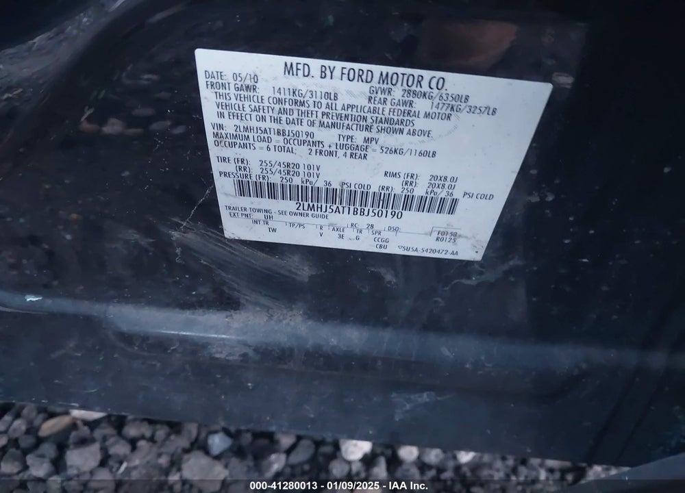 2011 LINCOLN MKT VIN: 2LMHJ5AT1BBJ50190